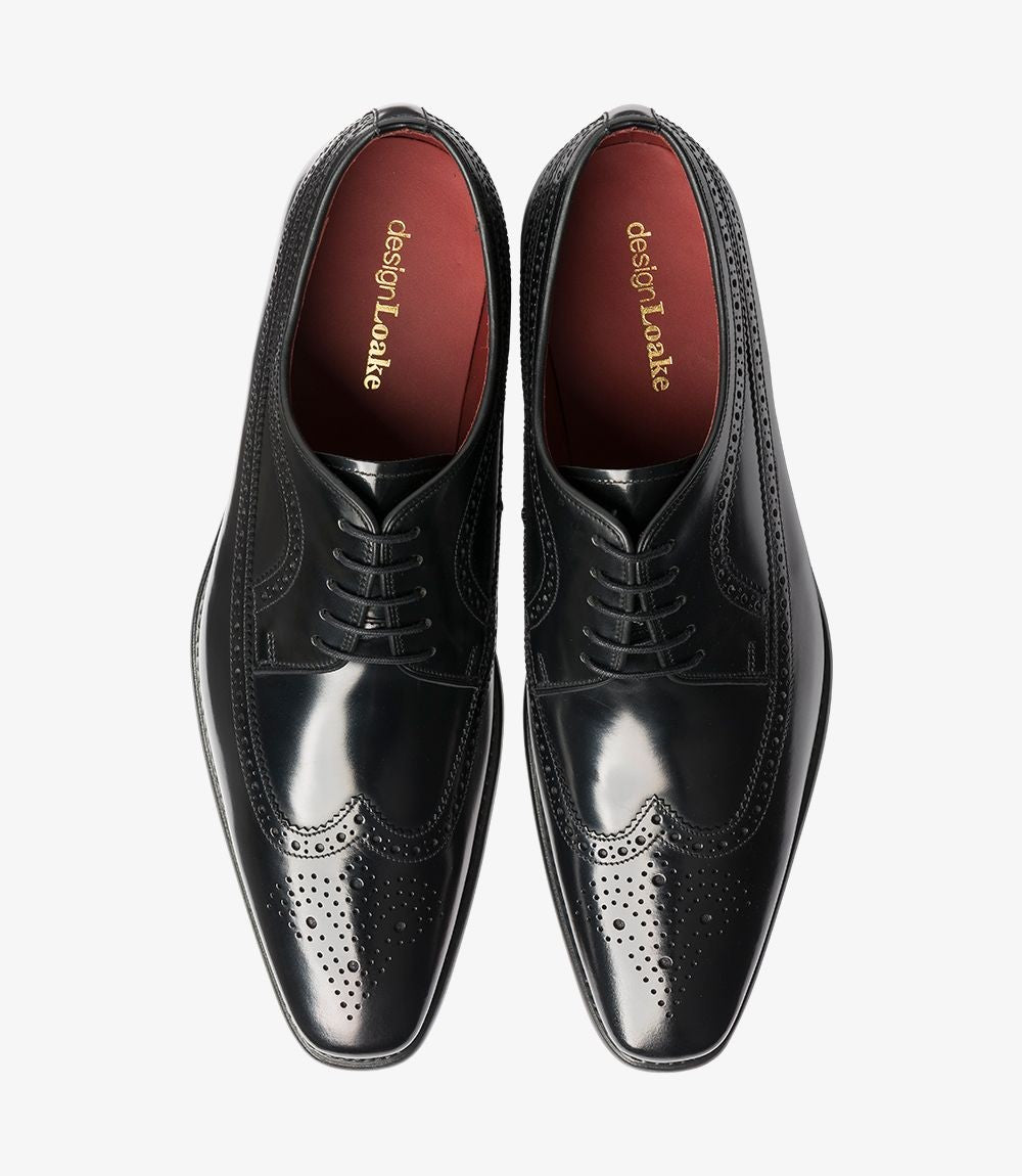 Loake Clint Black Wing Brogue Derby Shoes | Polished Leather