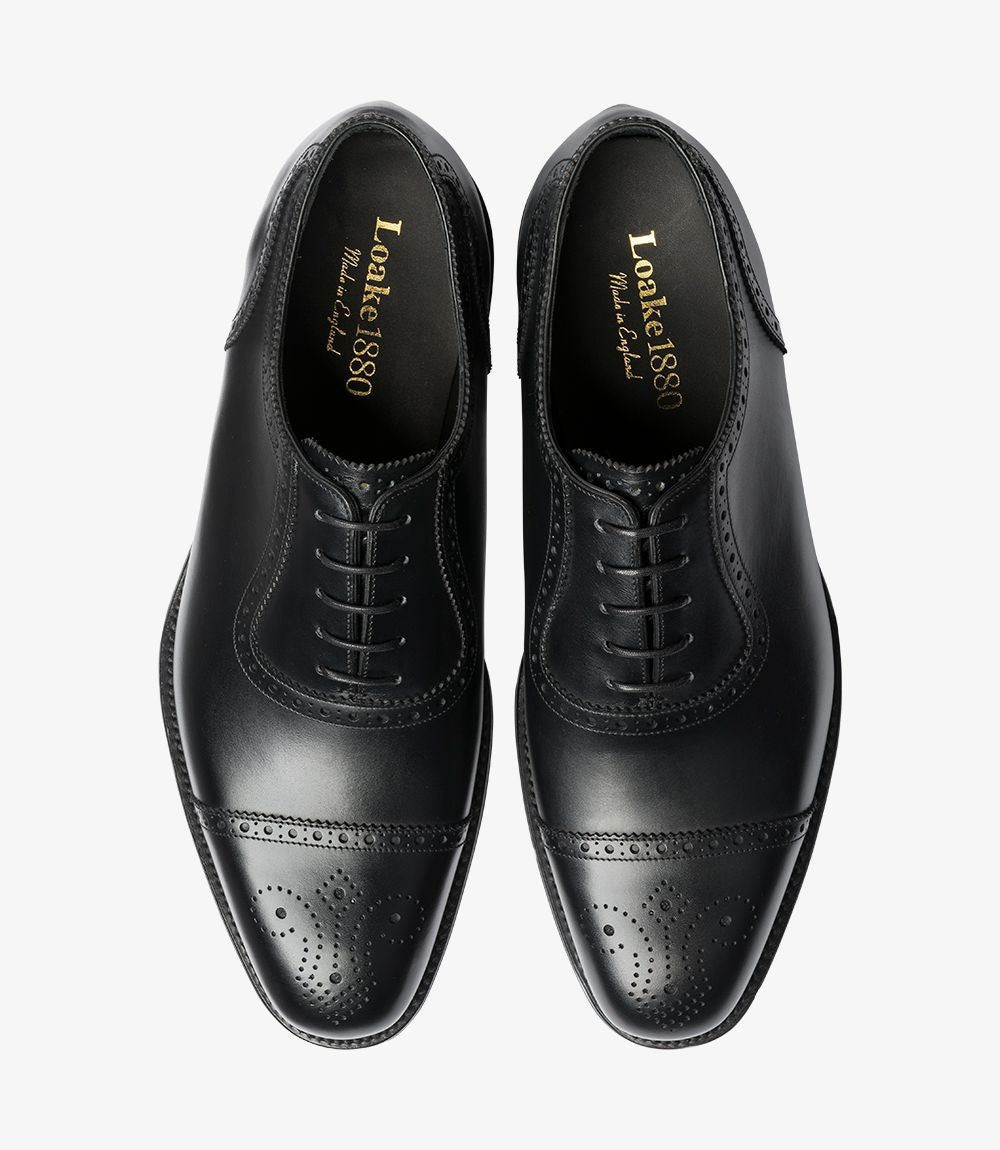 Loake Strand Black Semi Brogue Oxford Shoes | Made in England
