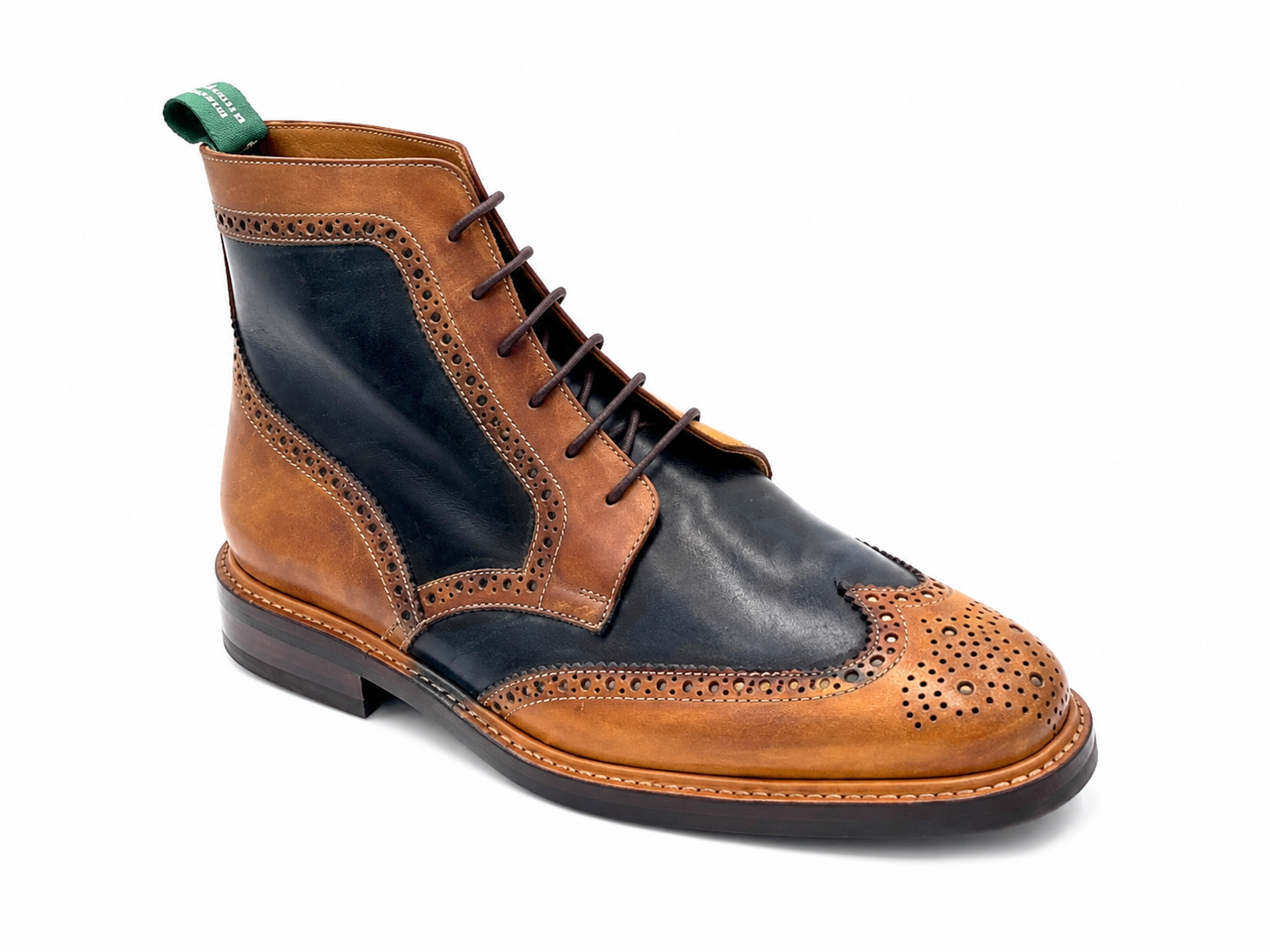 Handmade Patina Brogue Boots – Light Tan Navy Blue
