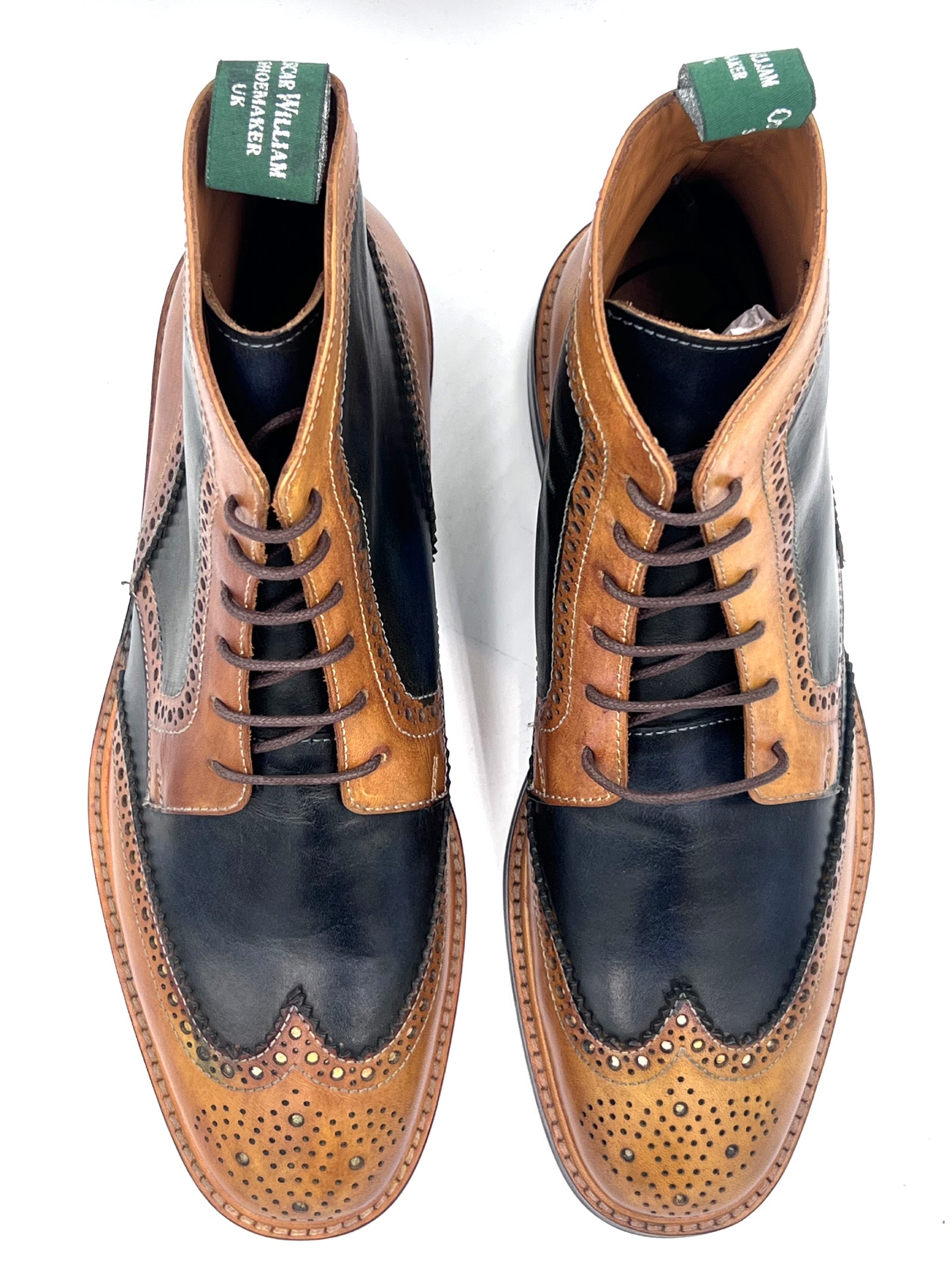 Light Tan Navy Blue Patina Brogue Boots | Oscar William
