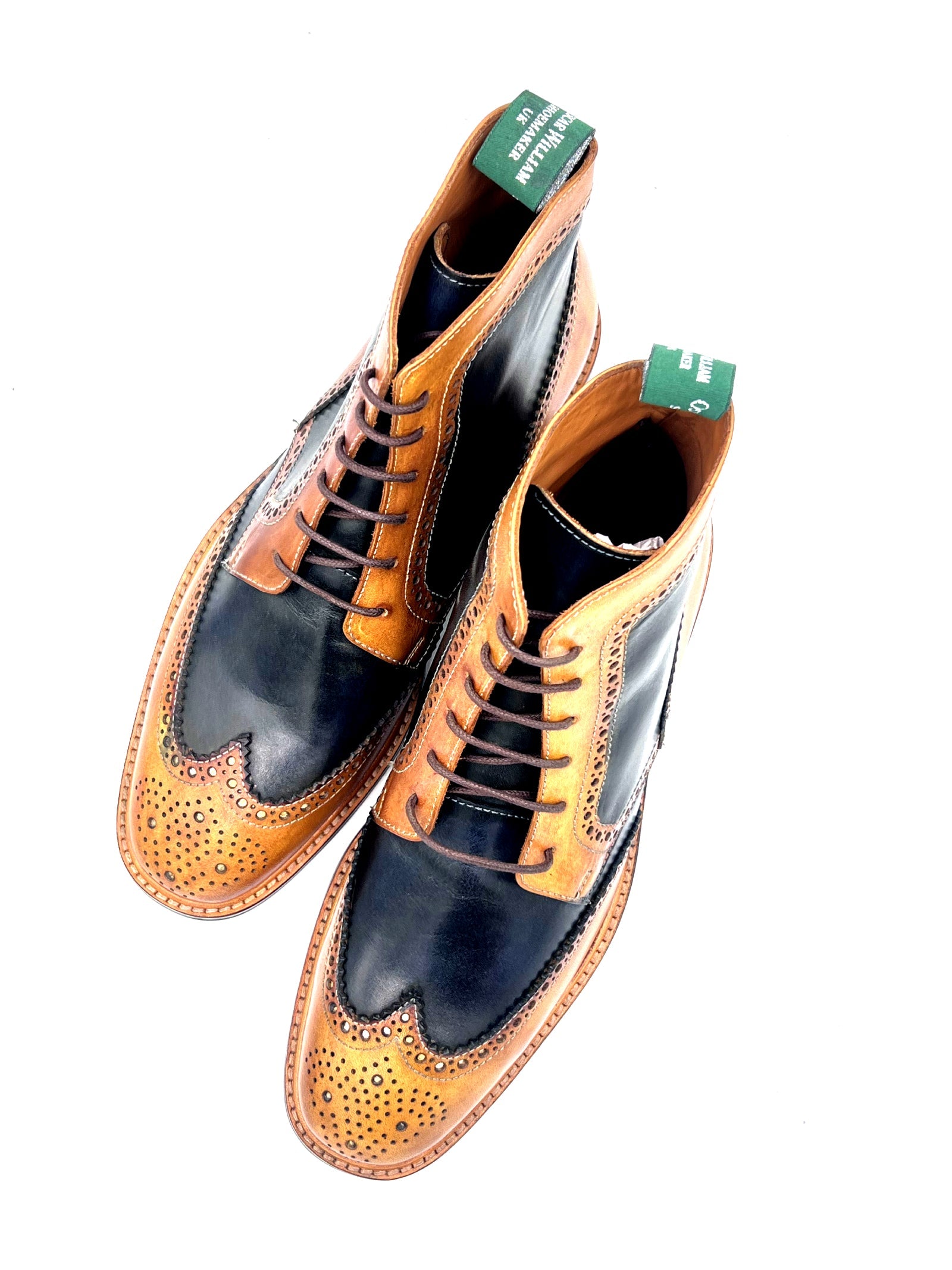 Light Tan Navy Blue Patina Brogue Boots | Oscar William