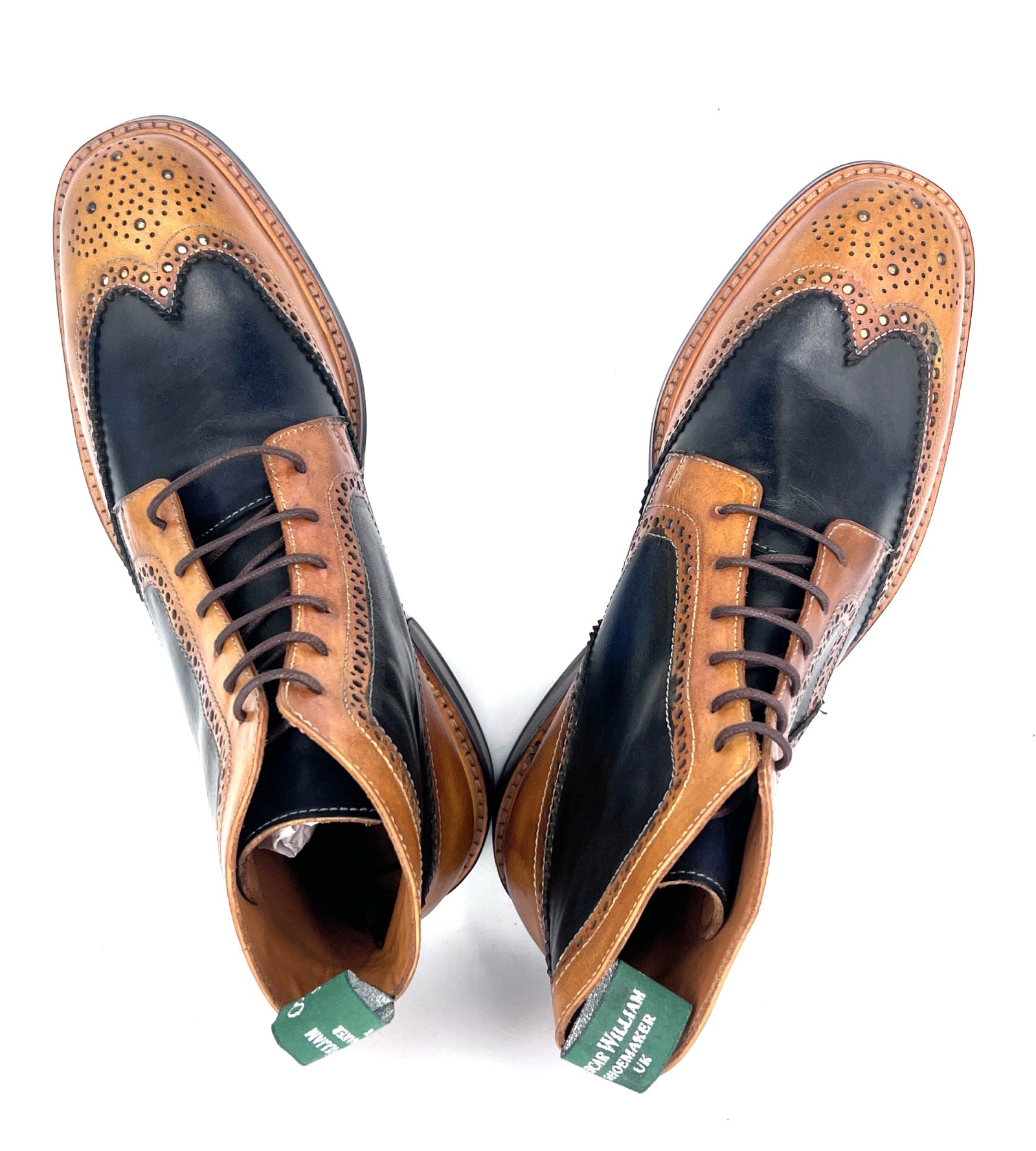 Light Tan Navy Blue Patina Brogue Boots | Oscar William