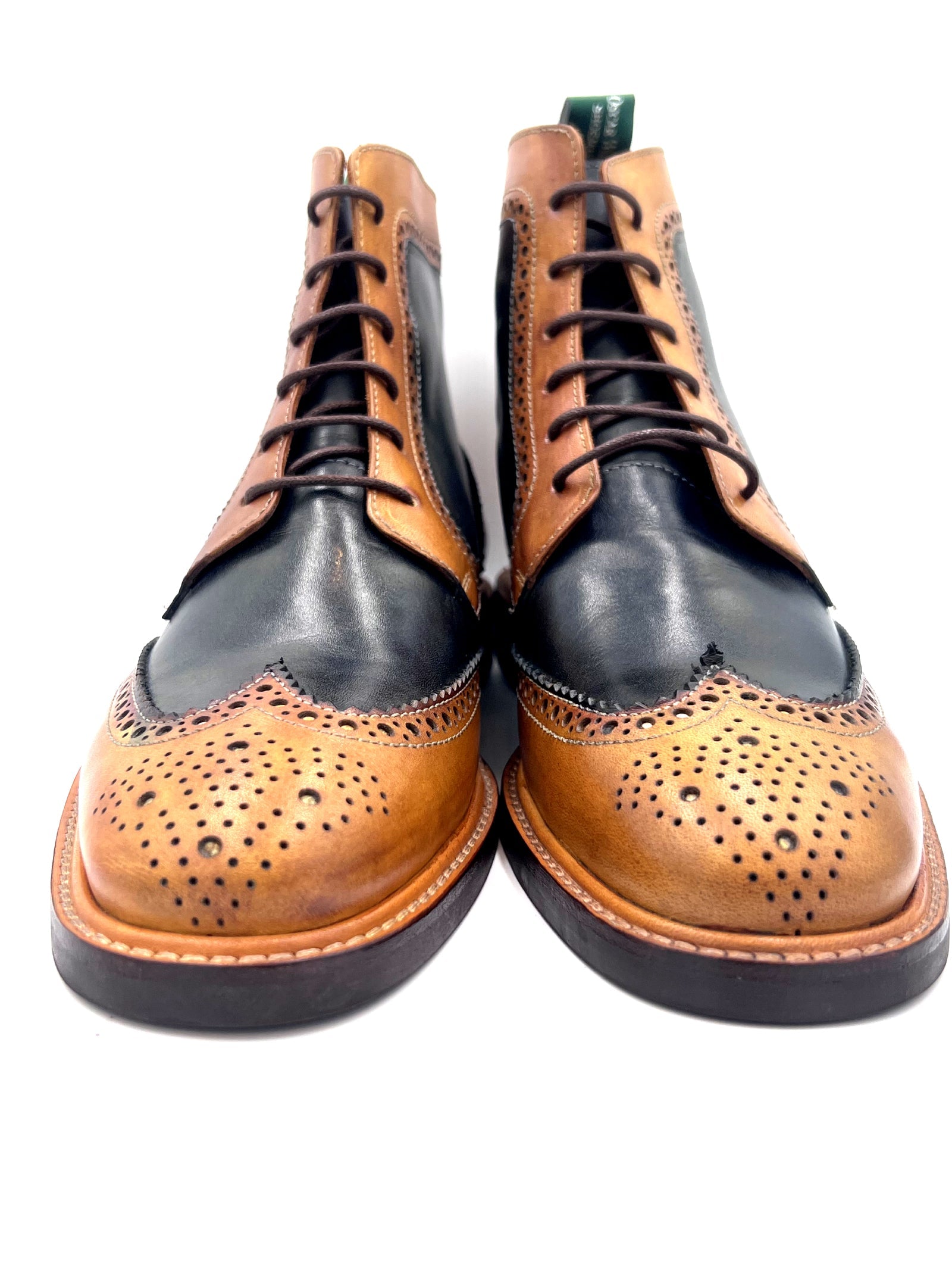 Light Tan Navy Blue Patina Brogue Boots | Oscar William