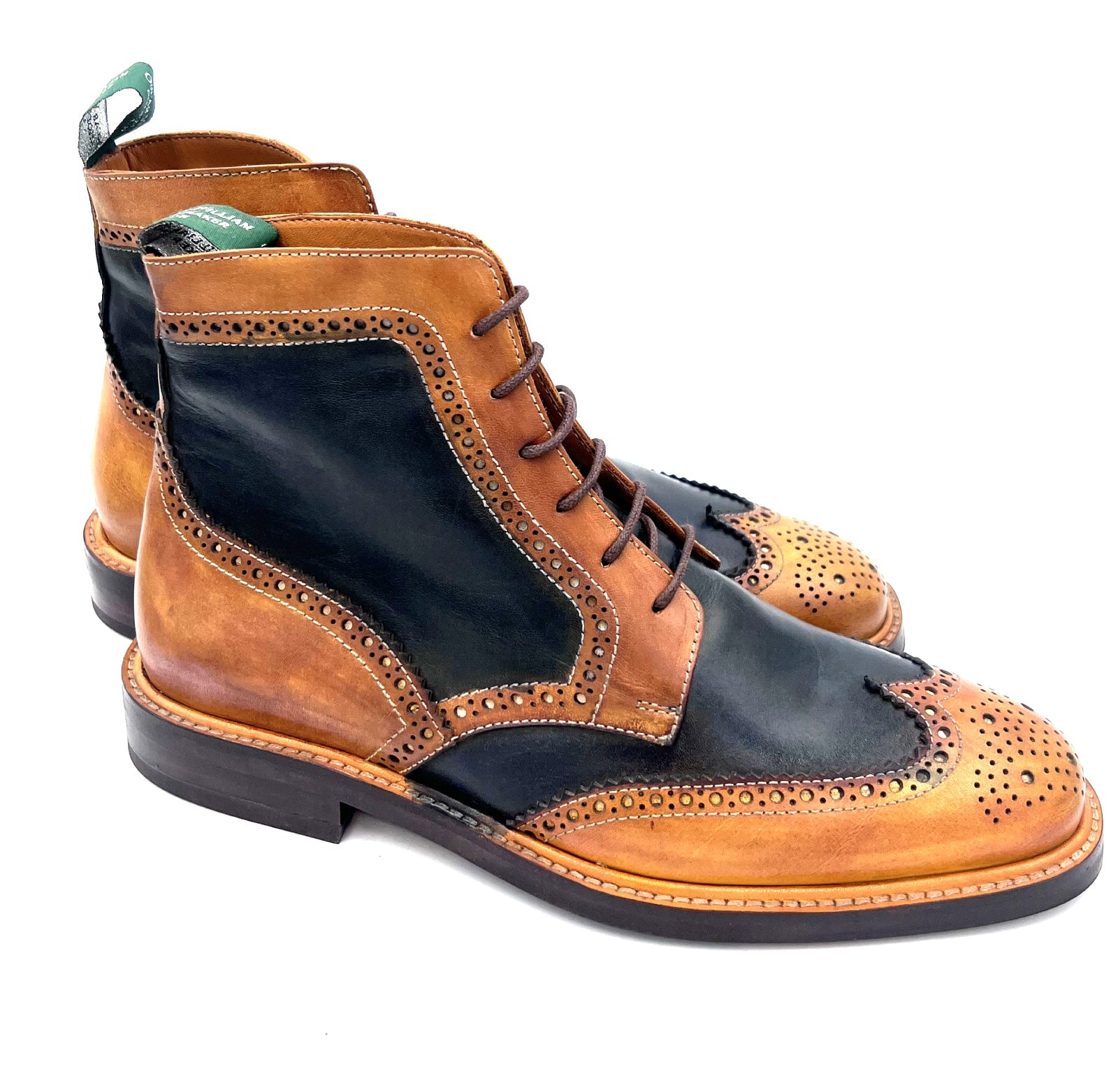 Light Tan Navy Blue Patina Brogue Boots | Oscar William