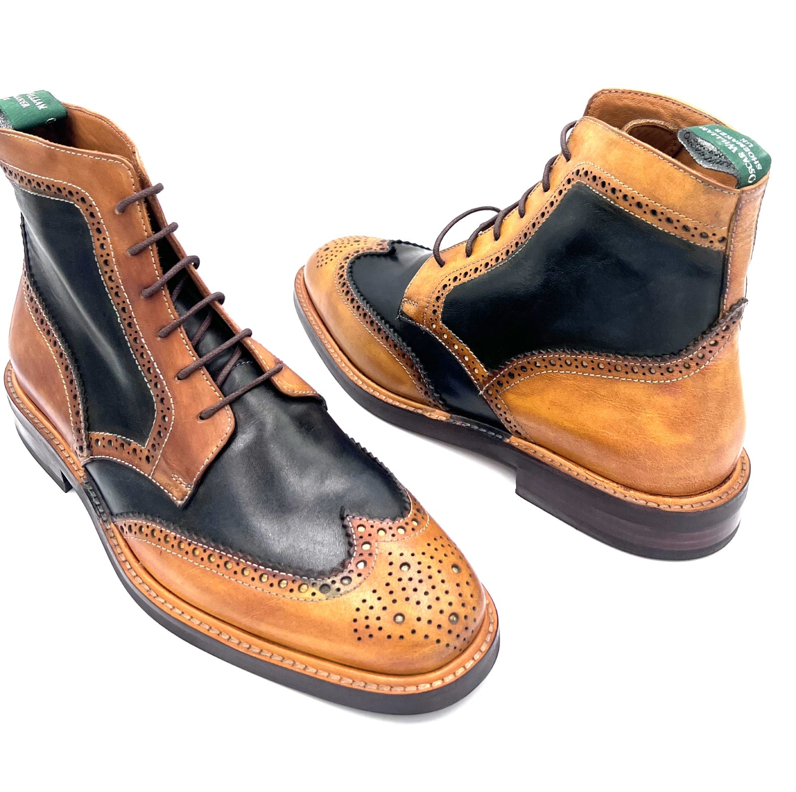 Light Tan Navy Blue Patina Brogue Boots | Oscar William