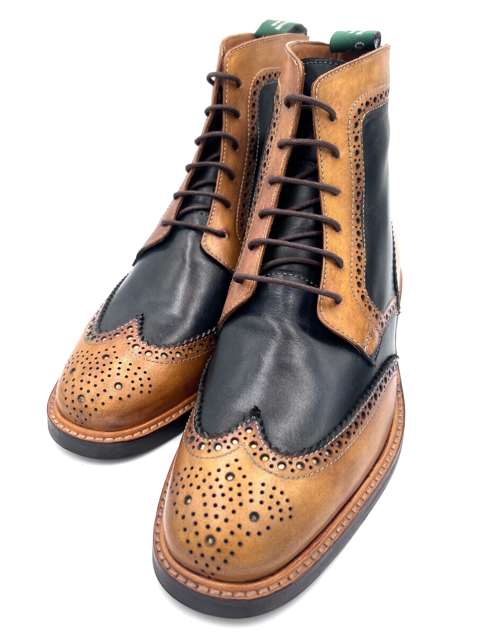 Light Tan Navy Blue Patina Brogue Boots | Oscar William