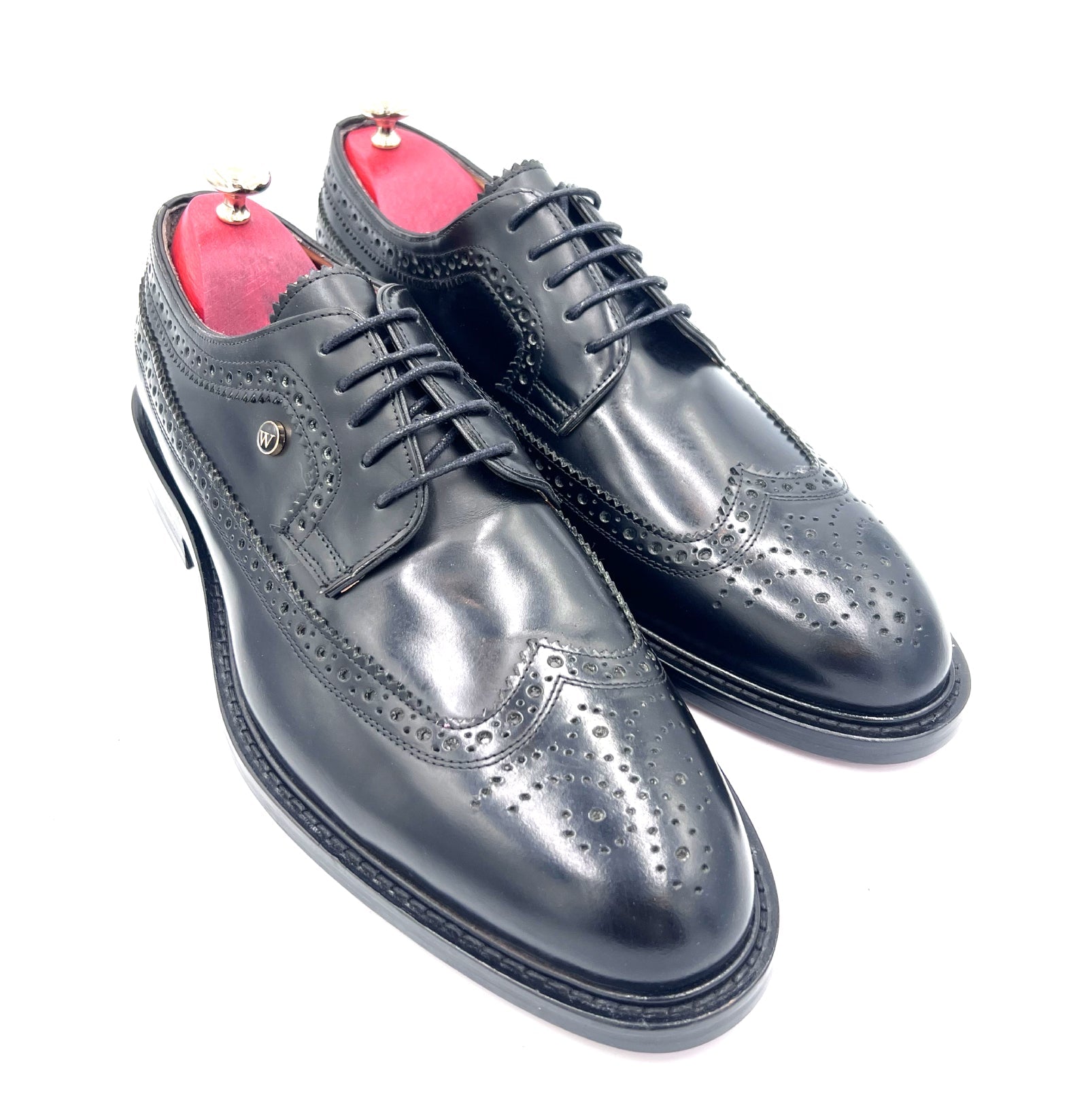 Black High Shine Royal Long Wing Brogues | Handmade by Oscar William