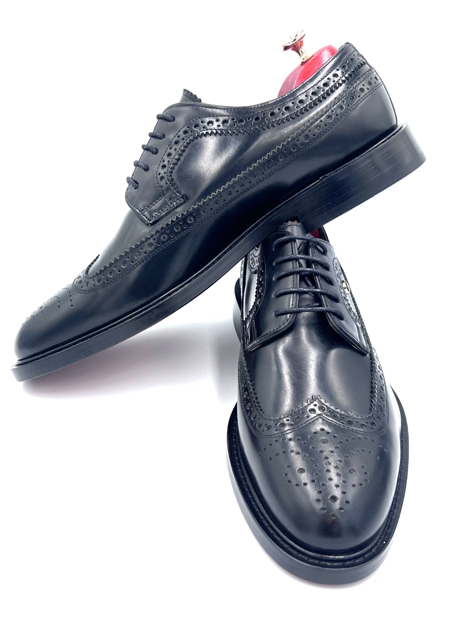 Black High Shine Royal Long Wing Brogues | Handmade by Oscar William