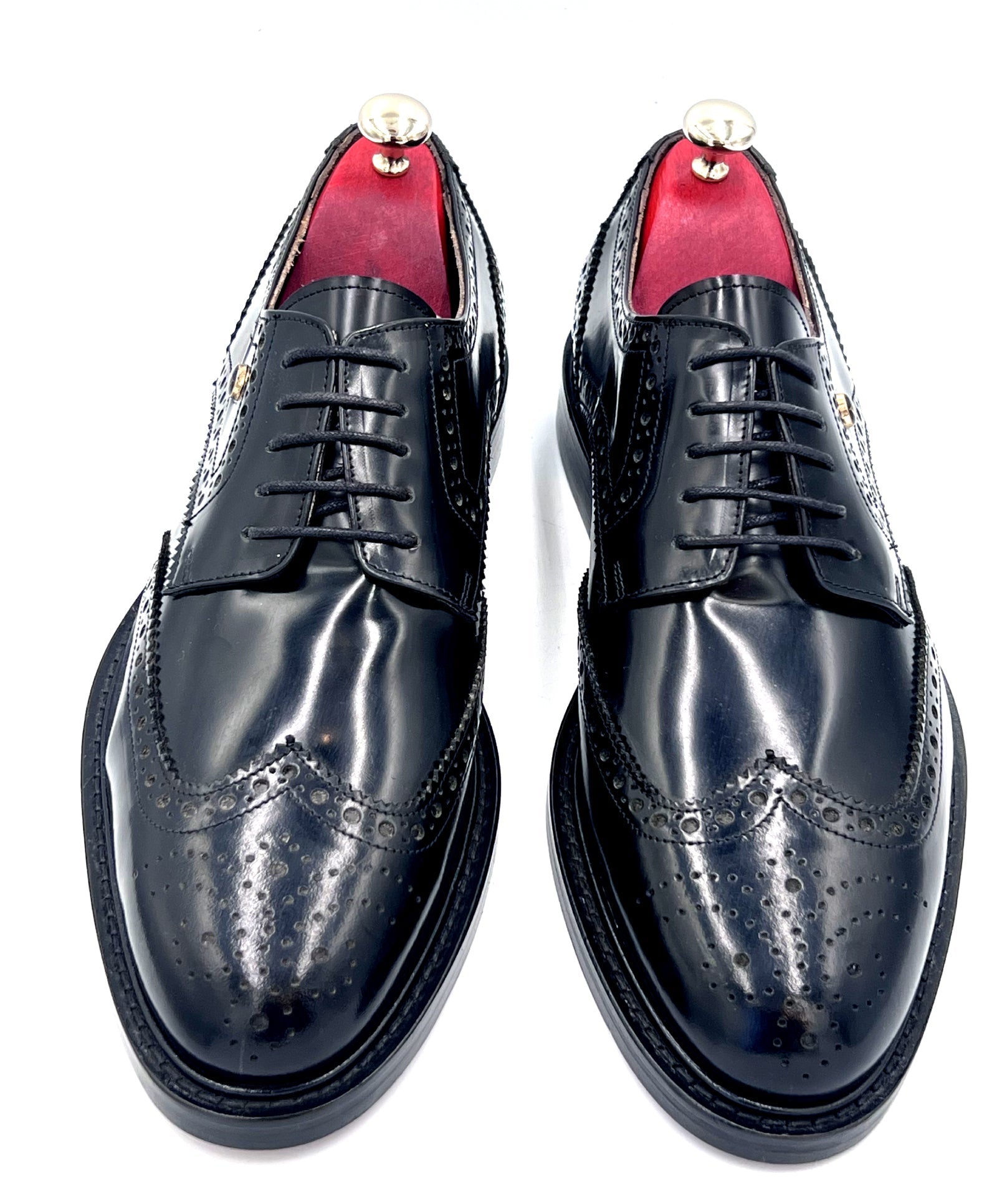 Black High Shine Brogue Shoes with Leather Sole | Oscar William