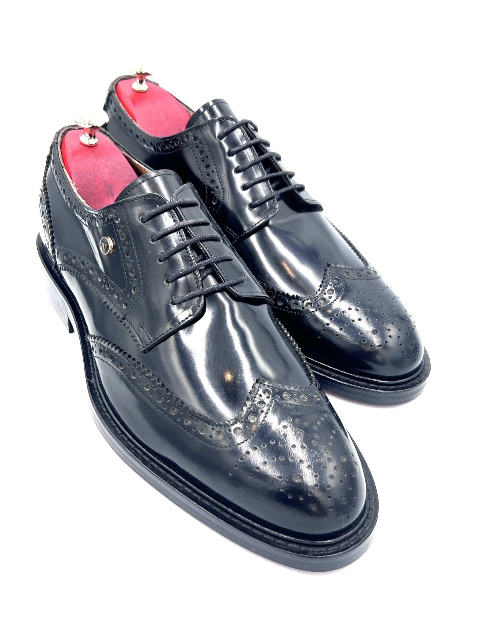 Black High Shine Brogue Shoes with Leather Sole | Oscar William
