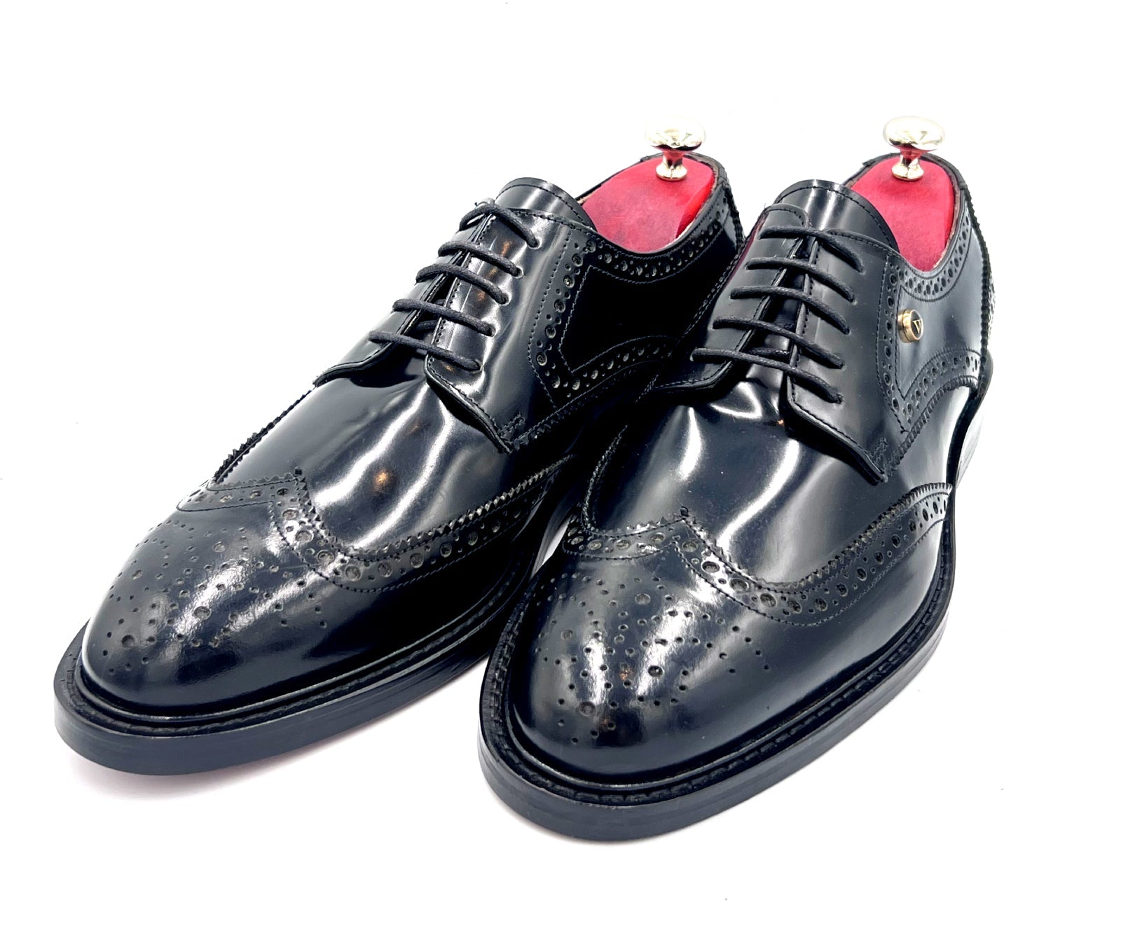 Black High Shine Brogue Shoes with Leather Sole | Oscar William