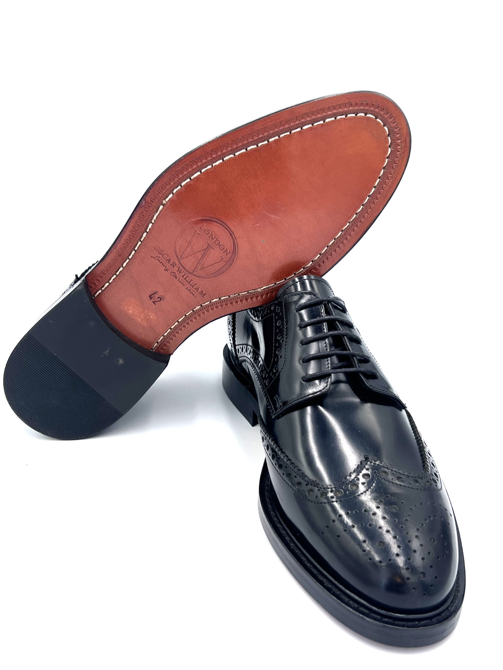 Black High Shine Brogue Shoes with Leather Sole | Oscar William