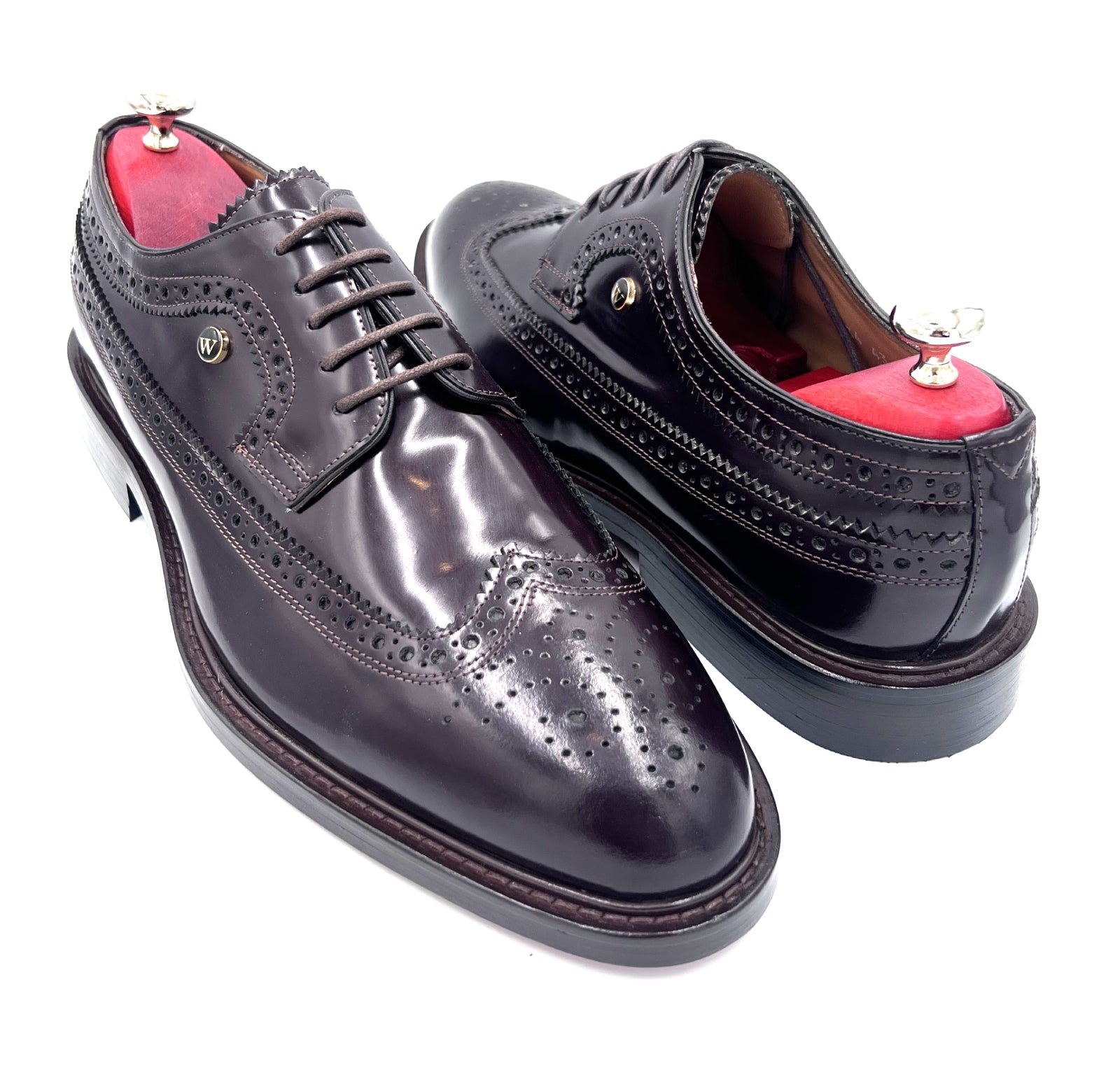 Royal Long Wing Brogue Shoes in High Shine Brown | Oscar William