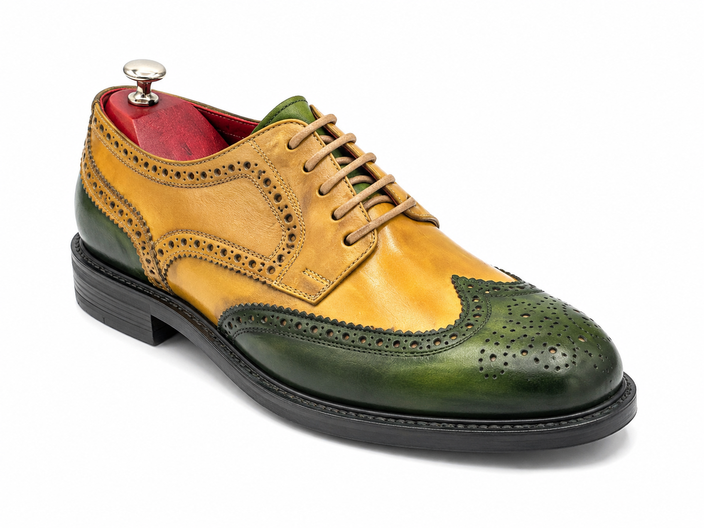 Oscar William Yellow & Green Patina Brogues – Studded Rubber Sole
